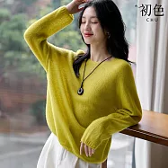 【初色】純色簡約圓領長袖毛衣寬鬆針織T恤針織衫上衣女上衣-共5色-37592(F可選) F 黃色