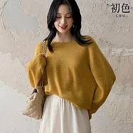 【初色】純色簡約圓領長袖毛衣寬鬆針織T恤針織衫上衣女上衣-共5色-37592(F可選) F 土黃色