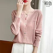 【初色】簡約純色彩色鈕扣坑條小V領長袖針織衫上衣女上衣-共5色-15563(F可選) F 粉色