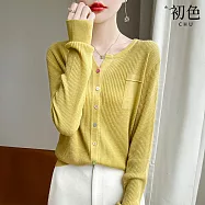 【初色】簡約純色彩色鈕扣坑條小V領長袖針織衫上衣女上衣-共5色-15563(F可選) F 黃色