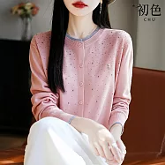 【初色】氣質輕奢風假兩件小熊燙鑽圓領單排釦長袖針織衫上衣女上衣-共4色-15567(F可選) F 粉紅色