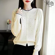 【初色】氣質輕奢風假兩件小熊燙鑽圓領單排釦長袖針織衫上衣女上衣-共4色-15567(F可選) F 米白色