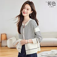 【初色】文青風簡約拚色條紋寬鬆拉鍊圓領長袖針織外套女外套-共2色-15569(F可選) F 白色