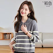 【初色】簡約風撞色條紋減齡POLO娃娃領長袖針織衫上衣女上衣-共4色-15570(F可選) F 灰色