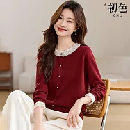 【初色】法式小香風拼接蕾絲釘珠圓領排扣長袖針織衫毛衣上衣女上衣-共2色-15571(F可選) F 紅色