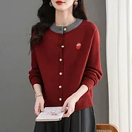 【MsMore】 小香風針織撞色上衣刺繡毛衣外套# 126210 FREE 紅色