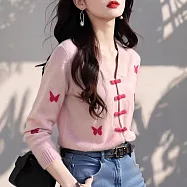 【MsMore】 甜美風撞色蝴蝶印花長袖針織上衣# 126227 FREE 玫紅色