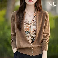 【初色】中式水墨印花假兩件休閒寬鬆排扣V領長袖針織衫上衣女上衣-共4色-15578(F可選) F 咖色