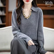 【初色】法式純色寬鬆立體花邊翻領長袖針織衫上衣女上衣-共3色-15593(F可選) F 灰色