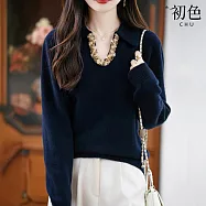 【初色】法式純色寬鬆立體花邊翻領長袖針織衫上衣女上衣-共3色-15593(F可選) F 藏青色