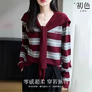 【初色】復古拚色條紋寬鬆V領長袖披肩針織衫上衣女上衣-共2色-15631(F可選) F 酒紅色