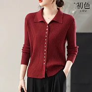 【初色】簡約風薄款寬鬆純色單排釦翻領開襟長袖毛衣針織衫上衣女上衣-共5色-15596(F可選) F 酒紅色