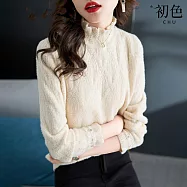 【初色】法式氣質紋理感釘珠裝飾木耳邊高領長袖毛衣上衣女上衣-米白色-15585(F可選) F 米白色