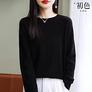 【初色】簡約純色圓領長袖針織衫上衣女上衣-共6色-15586(F可選) F 黑色