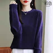 【初色】簡約純色圓領長袖針織衫上衣女上衣-共6色-15586(F可選) F 紫色