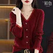 【初色】寬鬆百搭軟糯蕾絲邊排扣V領長袖針織毛衣開衫上衣上衣女上衣-共5色-15632(F可選) F 酒紅色