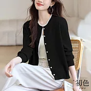 【初色】小香風蕾絲圓領長袖針織開衫休閒外套女外套-共2色-10322(F可選) F 黑色