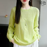 【初色】簡約純色壓紋長袖圓領針織衫上衣女上衣-共6色-15602(F可選) F 黃綠色