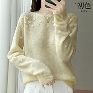 【初色】甜美風純色圓領繡花長袖針織衫上衣女上衣-共6色-15605(F可選) F 淺黃色