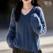 【初色】簡約純色寬鬆絨毛感V領長袖毛衣針織衫上衣女上衣-共4色-15607(F可選) F 藍色