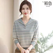 【初色】簡約氣質漸變條紋寬鬆海軍領長袖針織衫上衣女上衣-共4色-15608(F可選) F 藍色