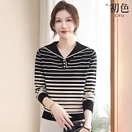 【初色】簡約氣質漸變條紋寬鬆海軍領長袖針織衫上衣女上衣-共4色-15608(F可選) F 黑色