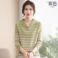 【初色】簡約氣質漸變條紋寬鬆海軍領長袖針織衫上衣女上衣-共4色-15608(F可選) F 綠色