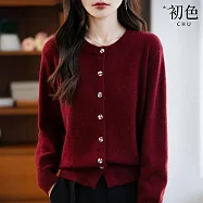 【初色】純色簡約彩鑽釦圓領長袖寬鬆針織毛衣開衫針織衫上衣女上衣-共5色-15618(F可選) F 酒紅色