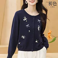 【初色】日系純色圓領小花蝴蝶結刺繡單排釦長袖針織外套女外套-共5色-15635(F可選) F 黑色