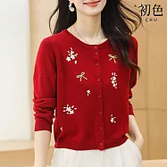 【初色】日系純色圓領小花蝴蝶結刺繡單排釦長袖針織外套女外套-共5色-15635(F可選) F 紅色