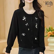 【初色】日系純色圓領小花蝴蝶結刺繡單排釦長袖針織外套女外套-共5色-15635(F可選) F 藏青色