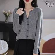 【初色】甜美風蝴蝶結裝飾單排扣小V領長袖薄款針織衫上衣女上衣-共3色-15649(F可選) F 灰色