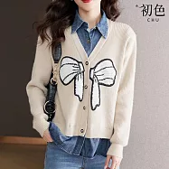 【初色】休閒風牛仔拼接假兩件蝴蝶結單排釦POLO領長袖毛衣外搭針織衫上衣女上衣-共2色-15650(F可選) F 米白色