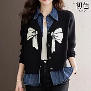 【初色】休閒風牛仔拼接假兩件蝴蝶結單排釦POLO領長袖毛衣外搭針織衫上衣女上衣-共2色-15650(F可選) F 黑色