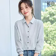 【初色】商務通勤風簡約輕薄條紋單排釦翻領長袖襯衫上衣女上衣-淺藍色-15792(M-XL可選) XL 淺藍色