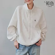 【初色】休閒風減齡寬鬆半拉鏈抽繩立領長袖衛衣大學T-共2色-15790(M-XL可選) L 花灰