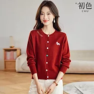 【初色】簡約風氣質減齡彩色刺繡斑馬排釦圓領長袖針織衫上衣女上衣-共4色-15684(F可選) F 紅色