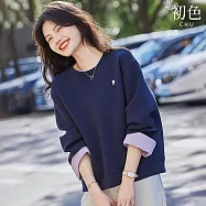 【初色】休閒風愛心刺繡拼色寬鬆圓領長袖T恤上衣女上衣-藏青色-15801(M-2XL可選) 2XL 藏青色