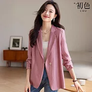 【初色】純色簡約寬鬆知性顯瘦西裝領長袖外套女外套-共3色-15793(M-2XL可選) M 玫粉色