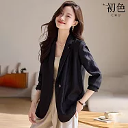 【初色】純色簡約寬鬆知性顯瘦西裝領長袖外套女外套-共3色-15793(M-2XL可選) L 黑色