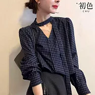 【初色】簡約復古風飄帶V領單排釦格紋長袖襯衫上衣女上衣-藏藍色-15796(M-2XL可選) M 藏藍色