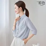 【初色】文青風條紋輕薄寬鬆翻領五分短袖襯衫上衣女上衣-藍色-15798(M-2XL可選) M 藍色