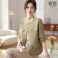 【初色】小香風輕奢條紋圓領金扣長袖針織開衫寬鬆外套女外套-共2色-15822(F可選) F 綠色