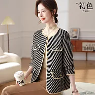 【初色】小香風輕奢條紋圓領金扣長袖針織開衫寬鬆外套女外套-共2色-15822(F可選) F 黑色