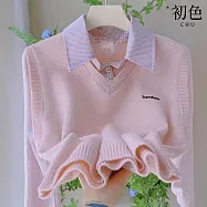 【初色】學院風條紋拼接翻領假兩件背心長袖襯衫毛衣寬鬆上衣女上衣-共3色-15695(F可選) F 粉紅色
