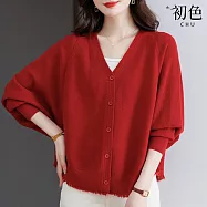 【初色】簡約純色寬鬆流蘇V領蝙蝠長袖單排扣針織衫開衫上衣女上衣-共6色-15810(F可選) F 紅色