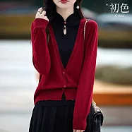 【初色】中國風盤扣立領拼接假兩件長袖毛衣針織衫上衣女上衣-共4色-15731(M-2XL可選) F 酒紅色