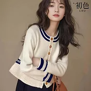 【初色】小香風圓領長袖單排扣撞色軟糯針織上衣女上衣-米色-15685(F可選) F 米色