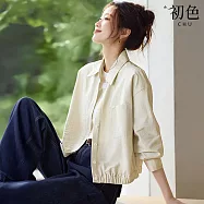 【初色】休閒風微皺肌理感鬆緊下擺短版排釦長袖襯衫外套女外套-淺卡色-15748(M-2XL可選) XL 淺卡色