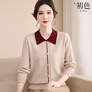 【初色】休閒簡約薄款拼接撞色POLO領長袖打底毛衣針織衫上衣女上衣-共5色-15688(F可選) F 米色